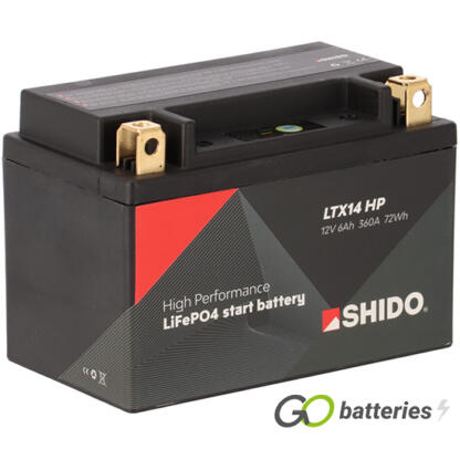 Shido LTX14 HP High Performance Lithium motorcycle battery 12V 6Ah 360 cold cranking amps black case and Copper terminals.