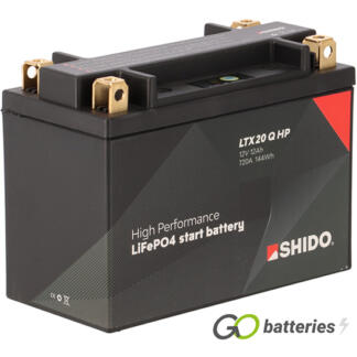 Shido LTX20 Q HP High Performance Lithium motorcycle battery 12V 12Ah 720 cold cranking amps black case and four Copper terminals so it can be used with positive left and positive right.