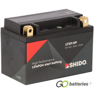 Shido LTX9 HP High Performance Lithium motorcycle battery 12V 6Ah 360 cold cranking amps black case and Copper terminals.
