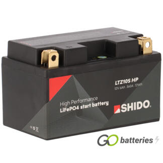 Shido LTZ10S HP High Performance Lithium motorcycle battery 12V 6Ah 360 cold cranking amps black case and Copper terminals.