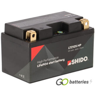 Shido LTZ12S HP High Performance Lithium motorcycle battery 12V 6Ah 360 cold cranking amps black case and Copper terminals.
