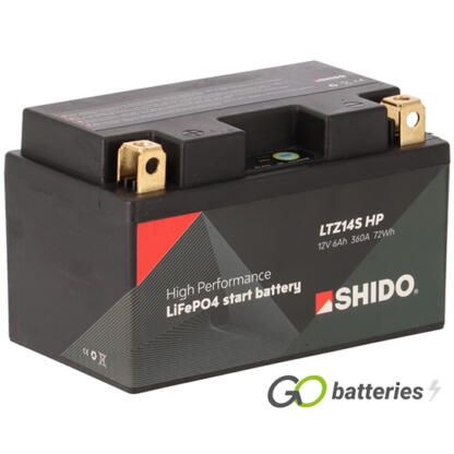 Shido LTZ14S HP High Performance Lithium motorcycle battery 12V 6Ah 360 cold cranking amps black case and Copper terminals.