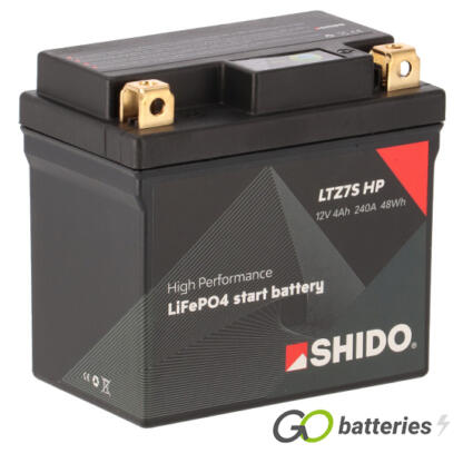Shido LTZ7S HP High Performance Lithium motorcycle battery 12V 4Ah 180 cold cranking amps black case and Copper terminals.