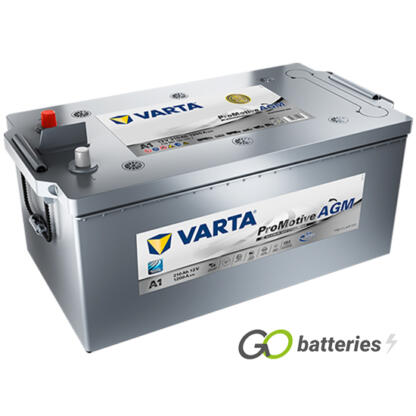 Varta A1 Promotive AGM Battery 12V 210Ah 1200 cold cranking amps, Silver case with terminals at one end and carrying handles at each end. 625AGM