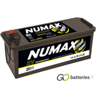 Numax XV60MF Sealed Leisure and Marine Dual Purpose Battery, 12 volt 180 amps, 1000 cold cranking amps and 1230 marine cranking amps. Black case with terminals at one end and with the positive terminal on the left hand side with them closest to you.
