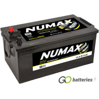 Numax XV80MF Sealed Leisure and Marine Dual Purpose Battery, 12 volt 225 amps, 1150 cold cranking amps and 1500 marine cranking amps. Black case with terminals at one end and with the positive terminal on the left hand side with them closest to you.
