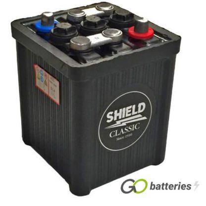 Numax 421/13 Classic Hard Rubber Battery. 6 volt 88 amps, all black traditional hard rubber case with lead bars on top and 3 filler caps.