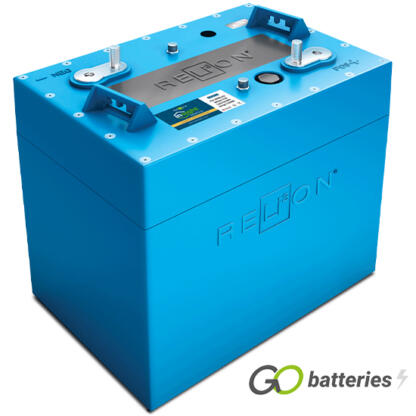 Relion InSight 24 volt 60 amp Lithium Battery. All blue case with dual terminals and hooks for a lifting strap.