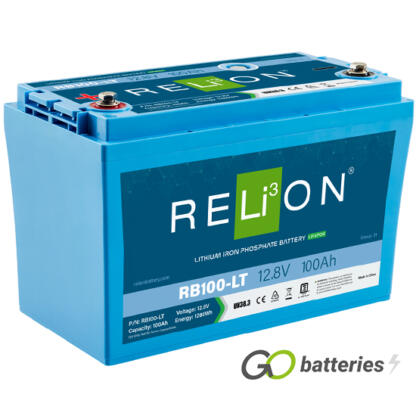 Relion RB100-LT lithium battery. 12 volt 100 amp, blue case with threaded terminals into the battery.