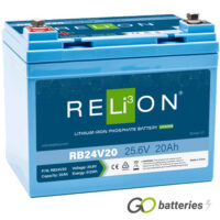 Relion RB24V20 24 volt 20 amp Lithium Battery. All blue case with threaded terminals into the battery.