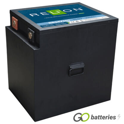 Relion RB24V200 24 volt 200 amp Lithium Battery. All black case with threaded terminals into the battery.