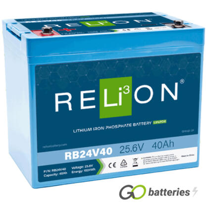 Relion RB24V40 24 volt 40 amp Lithium Battery. All blue case with threaded terminals into the battery.