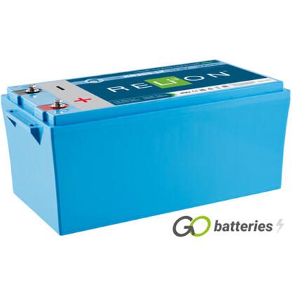 Relion RB300-LT 12 volt 300 amp Low Temperature Lithium Battery. All blue case with threaded terminals into the battery.