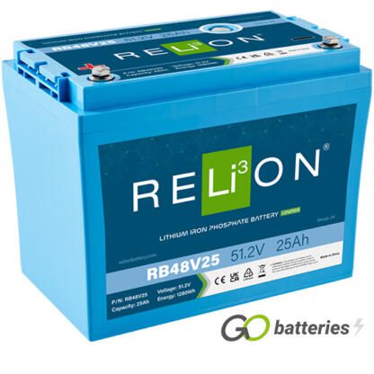 Relion RB48V25 48 volt 25 amp Lithium Battery. All blue case with threaded terminals into the battery.