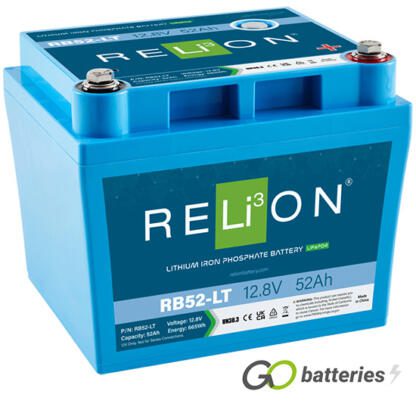 Relion RB52-LT lithium Low Temperature battery. 12 volt 52 amp, blue case with threaded terminals into the battery.