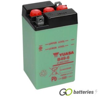 Yuasa B49-6 motorcycle battery 6 volt 8.4 amp 40 cold cranking amps battery case light green with a black top and three red caps.
