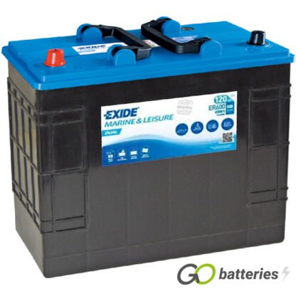 EXIDE ER600 Dual Purpose leisure and marine battery. 12 volt 120 amp 800 cold cranking amps. Black case with a blue top and central carrying handles. Positive terminal on the left hand side with the terminals closest to you.