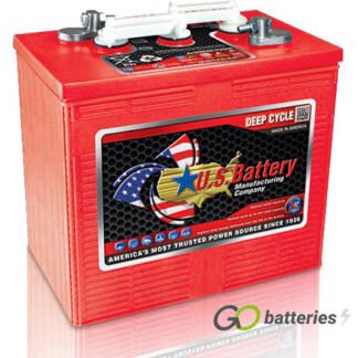 US250 XC2 Deep Cycle Battery, 6 volt 258 amp. Red case with a white removable cap cover and eyelets for a carrying (not included). Threaded terminals are diagonal to each other.
