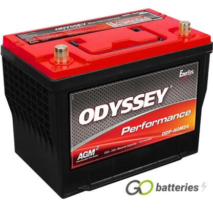 Odyssey ODP-AGM24 Performance AGM Battery. 12 volt 63 amps 755 cold cranking amps and 1300 pulse cranking amps. Black case with a red top and carrying handle. Brass SAE automotive terminals with the positive terminal on the left hand side with the terminals closest to you.