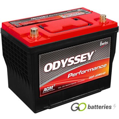 Odyssey ODP-AGM24F Performance AGM Battery. 12 volt 63 amps 755 cold cranking amps and 1300 pulse cranking amps. Black case with a red top and carrying handle. Brass SAE automotive terminals with the positive terminal on the right hand side with the terminals closest to you.