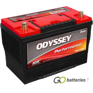 Odyssey ODS-AGM27 Performance Battery, 12 volt 85 amps, 850 cold cranking amps and 1500 pulse hot cranking amps. Black case with a red top and carrying handle. Brass SAE automotive posts terminals, with the positive terminal on the left hand side with the terminals closest to you. Previous part number 27-850.