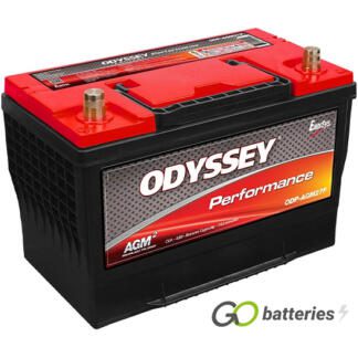Odyssey ODS-AGM27F Performance Battery, 12 volt 85 amps, 850 cold cranking amps and 1500 pulse hot cranking amps. Black case with a red top and carrying handle. Brass SAE automotive posts terminals, with the positive terminal on the right hand side with the terminals closest to you. Previous part number 27F-850.