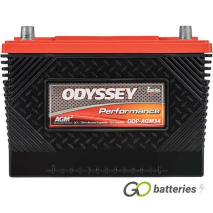 Odyssey ODS-AGM34 Performance Battery, 12 volt 65 amps, 800 cold cranking amps and 1500 pulse hot cranking amps. Black case with a red top and carrying handle. SAE automotive posts terminals, with the positive terminal on the left hand side with the terminals closest to you. Previous part number 34-790.
