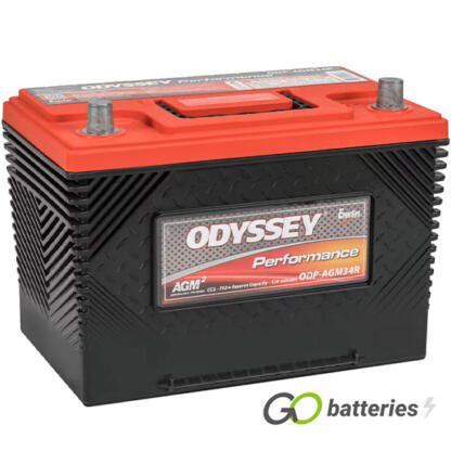Odyssey ODS-AGM34R Performance Battery, 12 volt 65 amps, 800 cold cranking amps and 1500 pulse hot cranking amps. Black case with a red top and carrying handle. SAE automotive posts terminals, with the positive terminal on the right hand side with the terminals closest to you. Previous part number 34R-790.