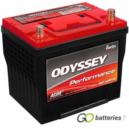 Odyssey ODS-AGM35 Performance Battery, 12 volt 59 amps, 765 cold cranking amps and 1200 pulse hot cranking amps. Black case with a red top and has carrying handle. Brass SAE automotive posts terminals, with the positive terminal on the right hand side with the terminals closest to you. Previous part number 35-PC1400.