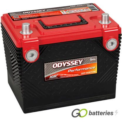 Odyssey ODS-AGM75 86 Performance Battery, 12 volt 49 amps, 708 cold cranking amps and 1100 pulse hot cranking amps. Black case with a red top and carrying handle. Comes with both SAE automotive posts and side American type terminals, with the positive terminal on the left hand side with the terminals closest to you. Previous part number 75/86-705.