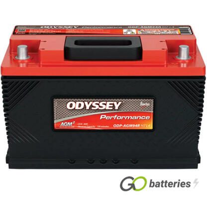 Odyssey ODS-AGM94R Performance Battery, 12 volt 80 amps, 850 cold cranking amps and 1500 pulse hot cranking amps. Black case with a red top and carrying handle. SAE automotive posts terminals, with the positive terminal on the right hand side with the terminals closest to you. Previous part number 94R-850.