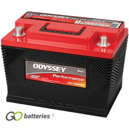 Odyssey ODS-AGM96R Performance Battery, 12 volt 52 amps, 600 cold cranking amps and 1100 pulse hot cranking amps. Black case with a red top and carrying handle. SAE automotive posts terminals, with the positive terminal on the right hand side with the terminals closest to you. Previous part number 96R-600.