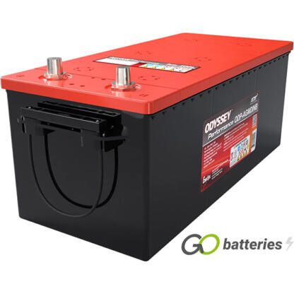 Odyssey ODS-AGMDINB Performance Battery, 12 volt 170 amps, 1300 cold cranking amps and 2400 pulse hot cranking amps. Black case with a red top and SAE Lead post terminals, which are located at one end and with the positive terminal on the left hand side with the terminals closest to you. Previous part number 629-DIN B-1300.