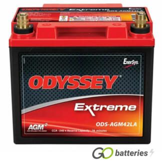Odyssey ODS-AGM42LA Extreme Battery, 12 volt 42 amps, 540 cold cranking amps and 1200 pulse hot cranking amps. Black case with a red lid and SAE automotive brass post terminals, with the positive terminal on the right hand side with the terminals closest to you. Previous part number PC1200T.