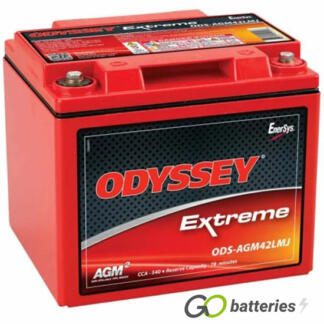 Odyssey ODS-AGM42LMJ Extreme Battery, 12 volt 42 amps, 540 cold cranking amps and 1200 pulse hot cranking amps. Red metal case with a red lid and internal brass terminals, with M6 SS bolts and positive terminal on the right hand side with the terminals closest to you. Previous part number PC1200MJ.