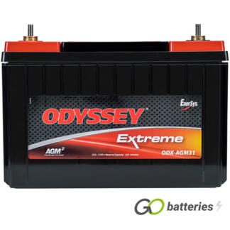 Odyssey ODX-AGM31 Extreme Battery, 12 volt 103 amps, 1150 cold cranking amps and 2150 pulse hot cranking amps. Black case with a red lid and carrying handle. SS 3/8 inch threaded stud terminals, which are centrally located with the positive terminal on the left hand side. Previous part number PC2150.