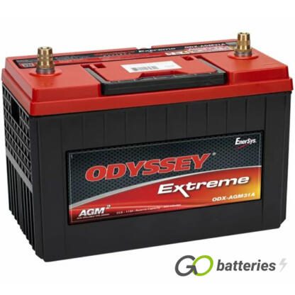 Odyssey ODX-AGM31A Extreme Battery, 12 volt 103 amps, 1150 cold cranking amps and 2150 pulse hot cranking amps. Black case with a red lid and carrying handle. Brass SAE automotive post terminals, which are centrally located with the positive terminal on the left hand side. Previous part number PC2150T.