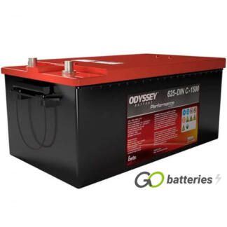 Odyssey 625-DINC-1500 Performance Battery, 12 volt 220 amps, 1500 cold cranking amps and 2700 pulse hot cranking amps. Black case with a red top and SAE Lead post terminals, which are located at one end and with the positive terminal on the left hand side with the terminals closest to you. UK 625 Super Heavy Duty.