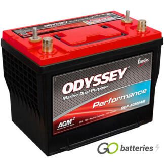 Odyssey ODS-AGM24M Marine Performance Battery, 12 volt 63 amps, 755 cold cranking amps and 1300 pulse hot cranking amps. Black case with a red top and carrying handle. SAE automotive posts terminals and threaded SS studs, with the positive terminal on the left hand side with the terminals closest to you. Previous part number 24M-725.