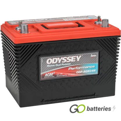Odyssey ODS-AGM34M Marine Performance Battery, 12 volt 65 amps, 800 cold cranking amps and 1500 pulse hot cranking amps. Black case with a red top and carrying handle. SAE automotive posts terminals and threaded SS studs, with the positive terminal on the left hand side with the terminals closest to you. Previous part number 34M-790.