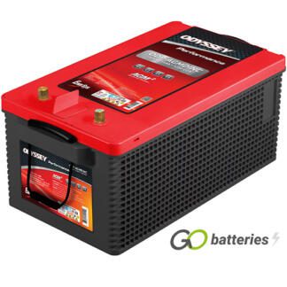 Odyssey ODS-AGMDINC Performance Battery, 12 volt 215 amps, 1250 cold cranking amps and 2300 pulse hot cranking amps. Black case with a red top and SAE Lead post terminals, which are located at one end and with the positive terminal on the left hand side with the terminals closest to you.