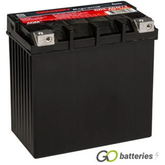 Odyssey ODS-AGM14 Extreme Battery, 12 volt 14 amps, 220 cold cranking amps and 565 pulse hot cranking amps. Black case with the positive terminal on the left hand side with the terminals closest to you.