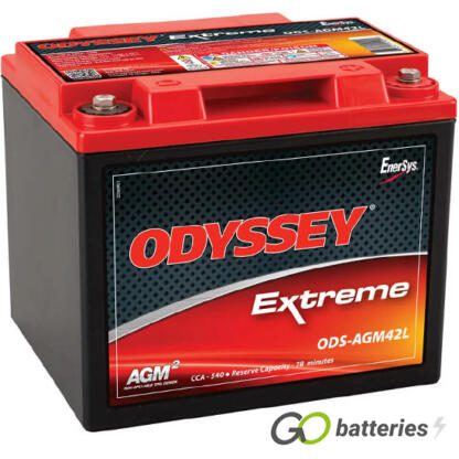 Odyssey ODS-AGM42L Extreme Battery, 12 volt 42 amps, 540 cold cranking amps and 1200 pulse hot cranking amps. Black case with a red top and internal threaded brass terminals and M6 SS bolts, with the positive terminal on the right hand side with the terminals closest to you. Previous part number PC1200.