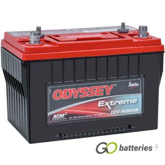 Odyssey ODX-AGM34M Marine Extreme Dual Purpose Battery, 12 volt 65 amps, 850 cold cranking amps and 1500 pulse hot cranking amps. Black case with a red top and carrying handle. SAE automotive posts terminals and threaded SS studs, with the positive terminal on the left hand side with the terminals closest to you. Previous part number 34M-PC1500.