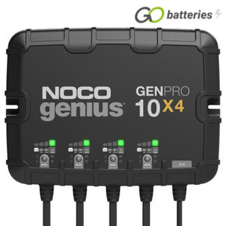 Noco Genius GENPRO 10x4 12 volt 10 amp 4-Bank On-Board battery charger and maintainer. 100% waterproof rated to IP68, has a black case with 4 banks of LED modes and charge status on the front, 4 sets of robust cables and advanced diagnostics.