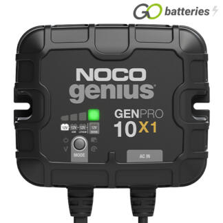 Noco Genius GENPRO 10x1 12 volt 10 amp 1-Bank On-Board battery charger and maintainer. 100% waterproof rated to IP68, has a black case with 1 bank of LED modes and charge status on the front, robust cables and advanced diagnostics.