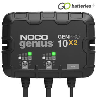 Noco Genius GENPRO 10x2 12 volt 10 amp 2-Bank On-Board battery charger and maintainer. 100% waterproof rated to IP68, has a black case with 2 banks of LED modes and charge status on the front, two sets of robust cables and advanced diagnostics.