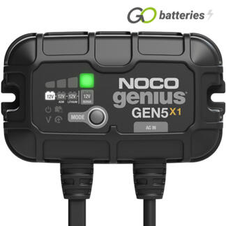 Noco Genius GEN 5x1 12 volt 5 amp 1-Bank On-Board battery charger and maintainer. 100% waterproof rated to IP68, has a black case with 1 bank of LED modes and charge status on the front, robust cables and advanced diagnostics.