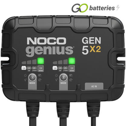 Noco Genius GEN 5x2 12 volt 5 amp 2-Bank On-Board battery charger and maintainer. 100% waterproof rated to IP68, has a black case with 2 banks of LED modes and charge status on the front, 2 sets of robust cables and advanced diagnostics.