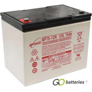 Genesis NP75-12 12 volt 75 amp AGM VRLA battery. Grey case with a black top and the terminals are threaded screw in type and the positive terminal is on the left hand side with the terminals closest to you.